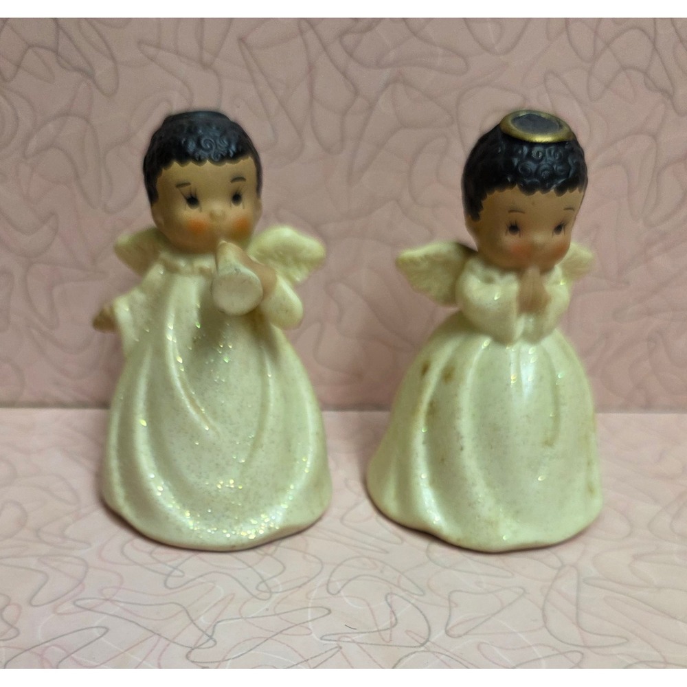 Vintage Ceramic Angel Bells Set Glitter Cream Black Hair Christmas Figurines